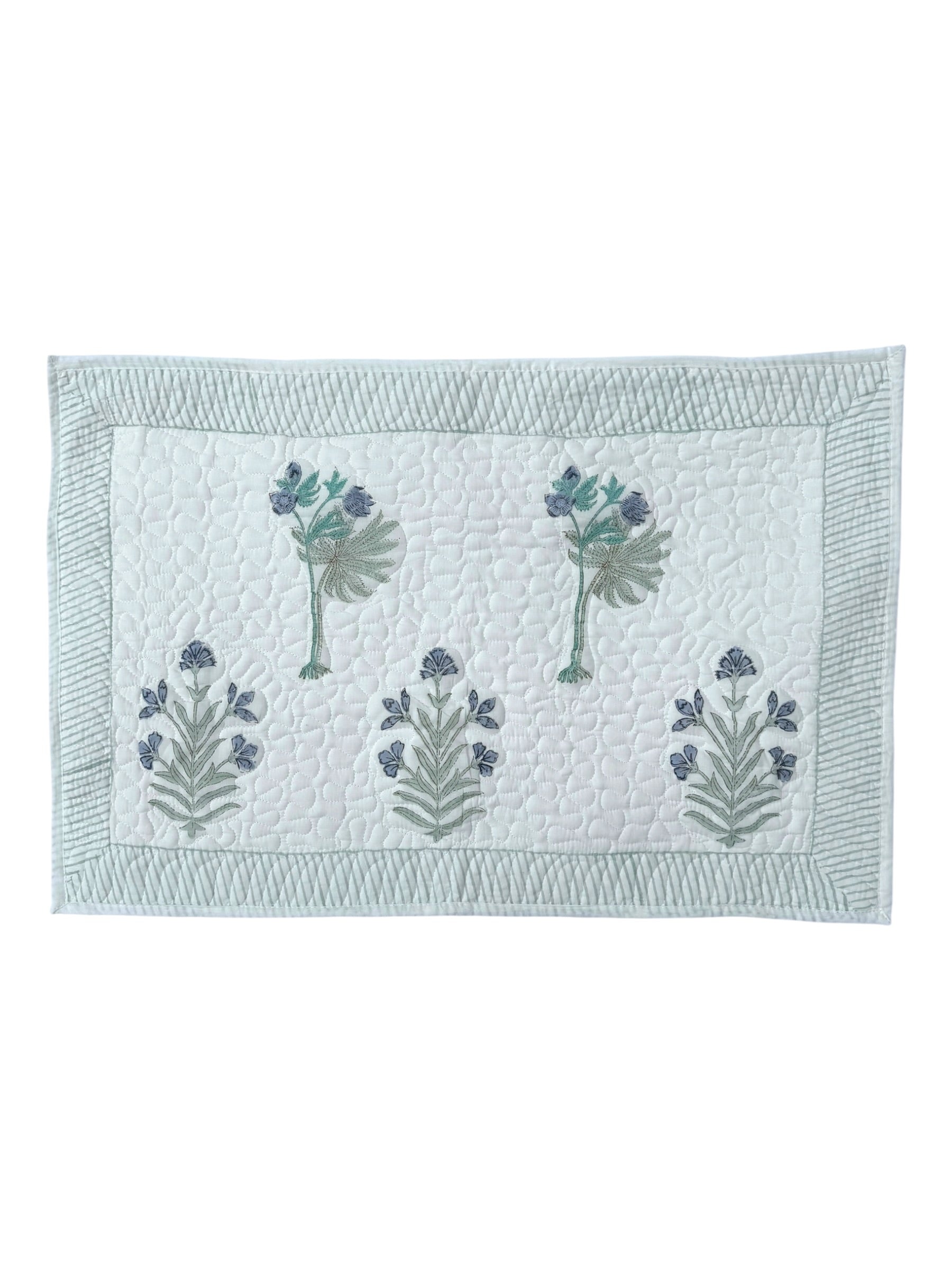 Hand block-printed quilted cushion/pillowcase in blue flower & tree print, 100% cotton