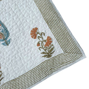 Hand block-printed quilted cushion/pillowcase in orange & blue cypress print, 100% cotton