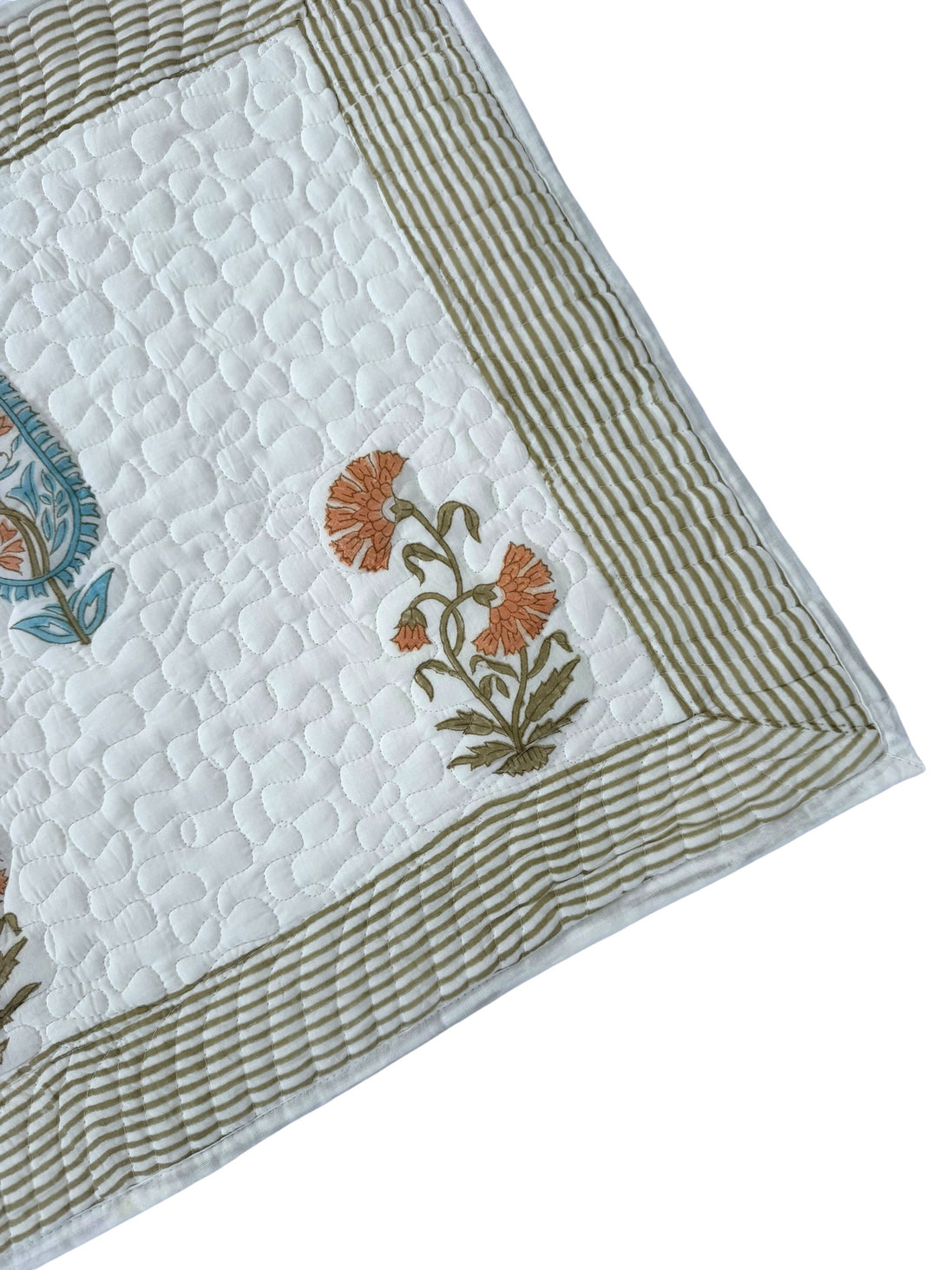 Hand block-printed quilted cushion/pillowcase in orange & blue cypress print, 100% cotton