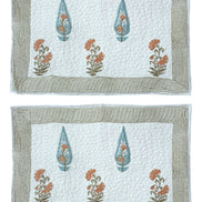 Hand block-printed quilted cushion/pillowcase in orange & blue cypress print, 100% cotton