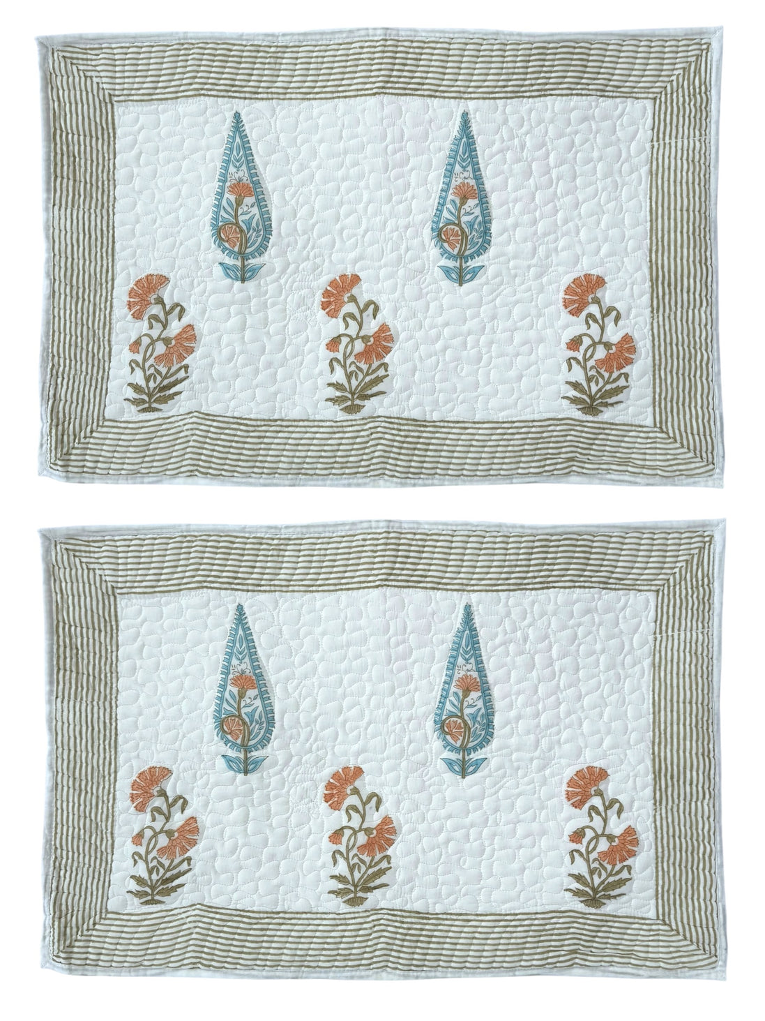 Hand block-printed quilted cushion/pillowcase in orange & blue cypress print, 100% cotton