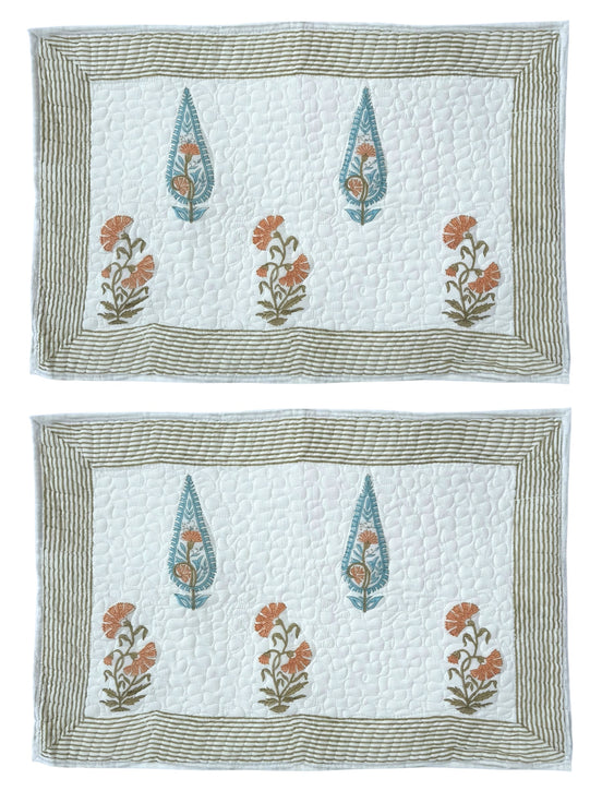 Hand block-printed quilted cushion/pillowcase in orange & blue cypress print, 100% cotton
