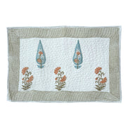 Hand block-printed quilted cushion/pillowcase in orange & blue cypress print, 100% cotton