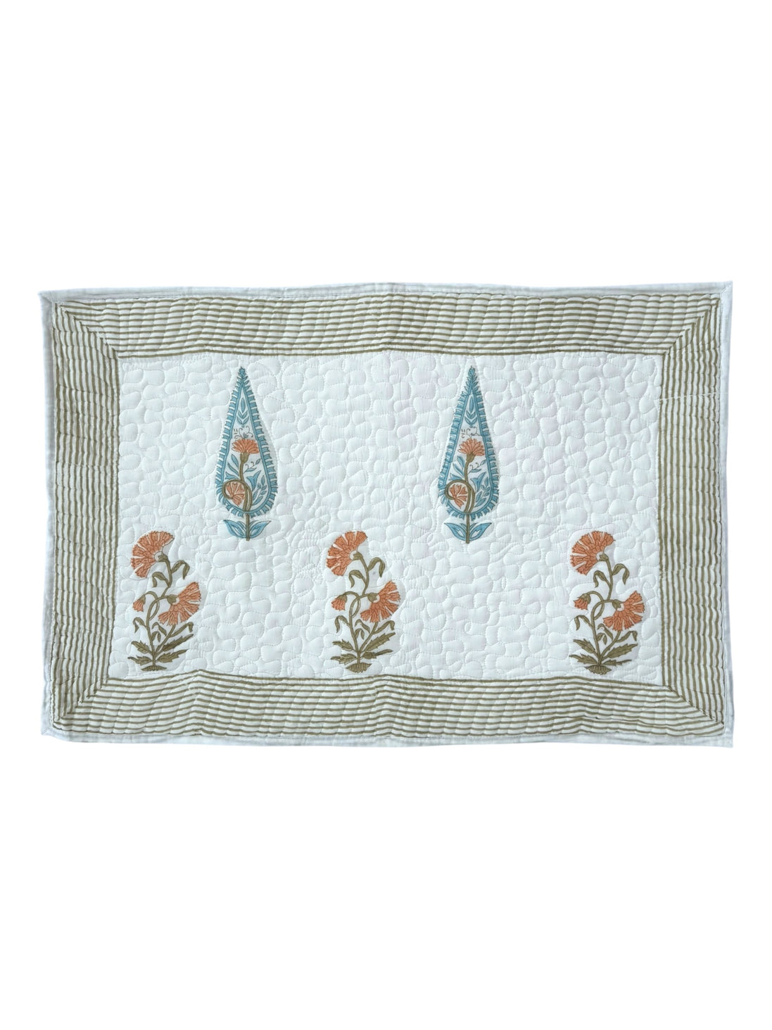 Hand block-printed quilted cushion/pillowcase in orange & blue cypress print, 100% cotton