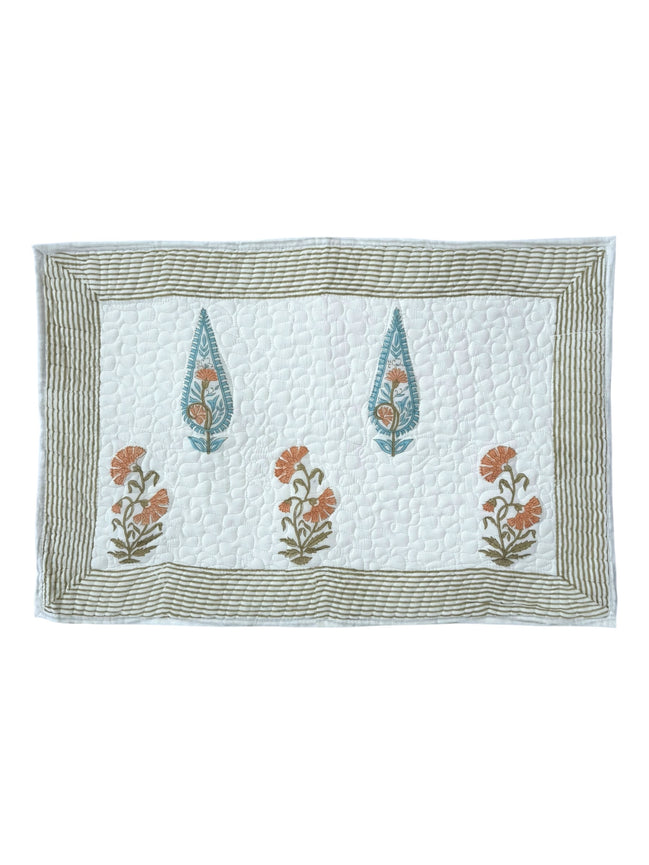 Hand block-printed quilted cushion/pillowcase in orange & blue cypress print, 100% cotton