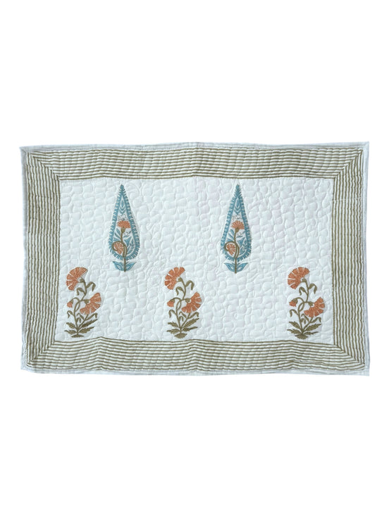 Hand block-printed quilted cushion/pillowcase in orange & blue cypress print, 100% cotton