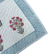 Hand block-printed quilted cushion/pillowcase in pink flower & cypress print, 100% cotton