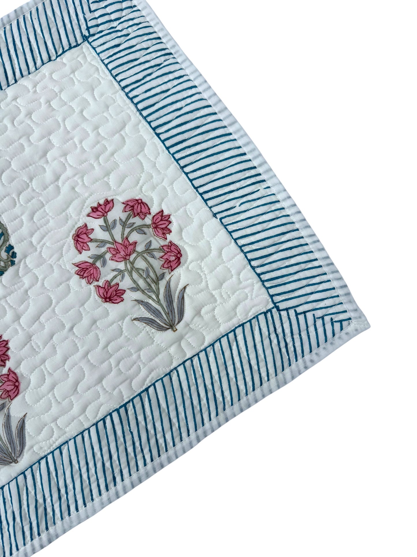 Hand block-printed quilted cushion/pillowcase in pink flower & cypress print, 100% cotton