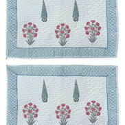 Hand block-printed quilted cushion/pillowcase in pink flower & cypress print, 100% cotton