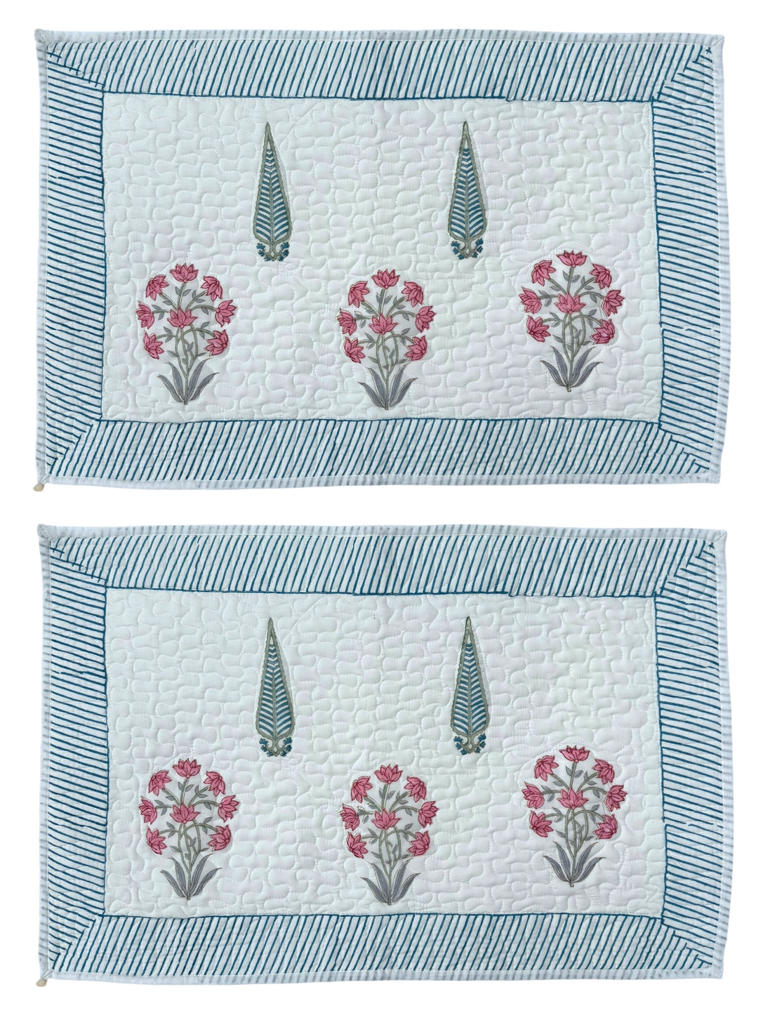 Hand block-printed quilted cushion/pillowcase in pink flower & cypress print, 100% cotton