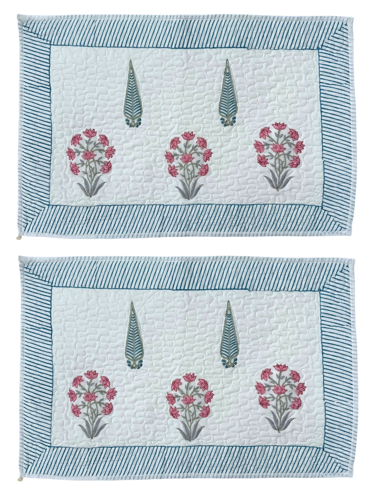 Hand block-printed quilted cushion/pillowcase in pink flower & cypress print, 100% cotton