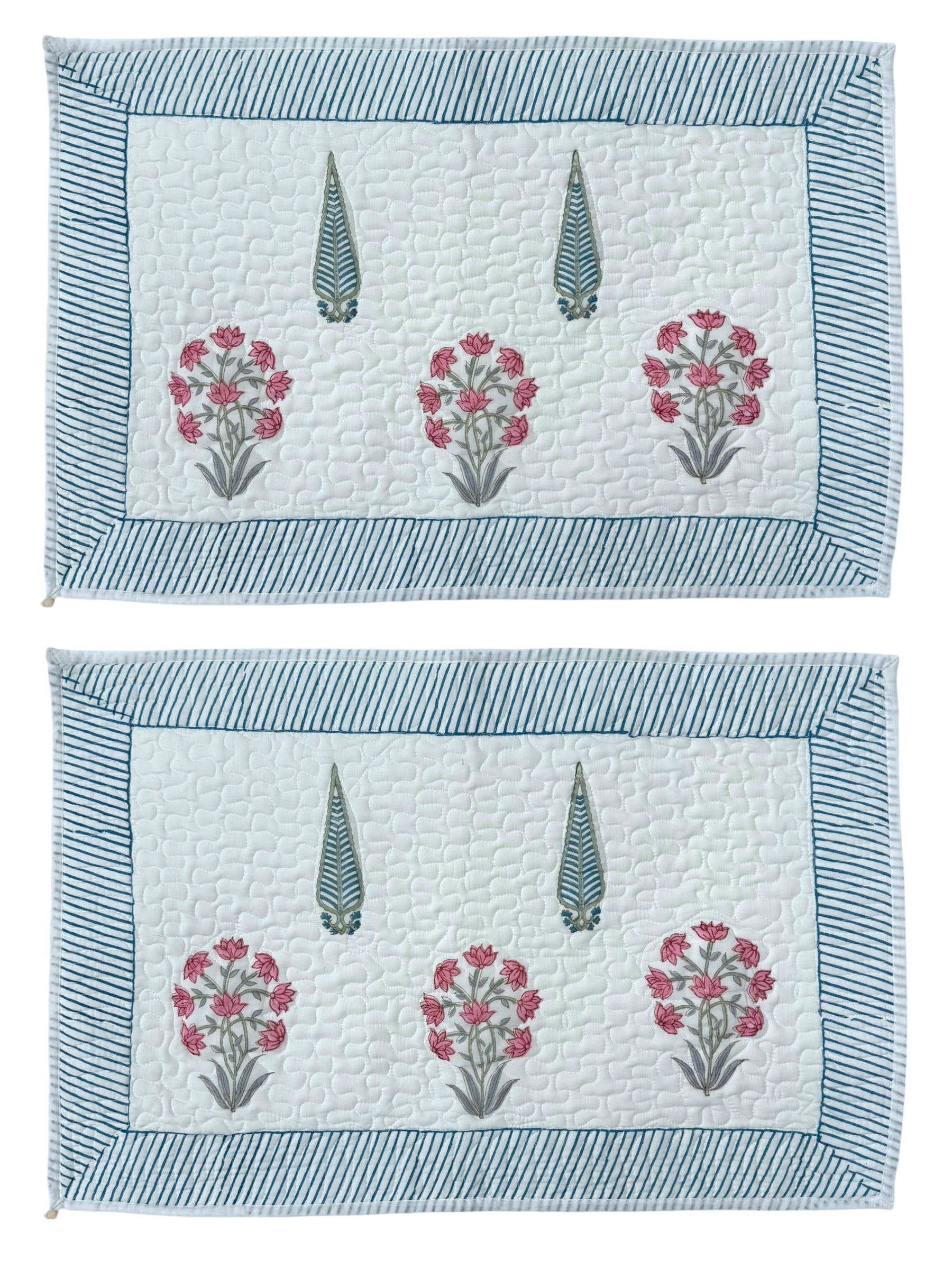 Hand block-printed quilted cushion/pillowcase in pink flower & cypress print, 100% cotton