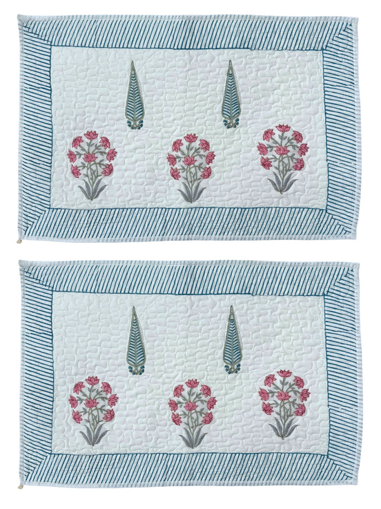 Hand block-printed quilted cushion/pillowcase in pink flower & cypress print, 100% cotton