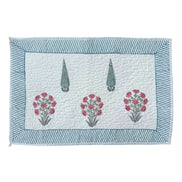 Hand block-printed quilted cushion/pillowcase in pink flower & cypress print, 100% cotton