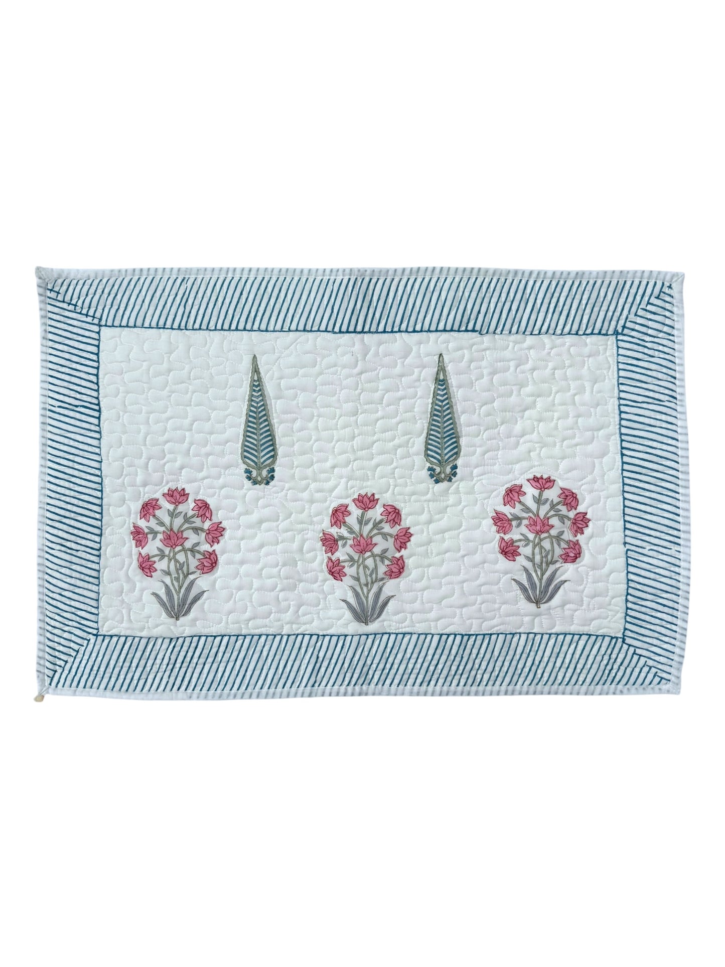 Hand block-printed quilted cushion/pillowcase in pink flower & cypress print, 100% cotton