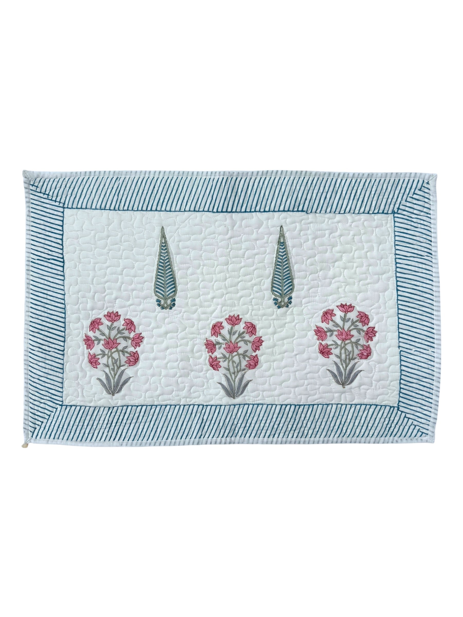 Hand block-printed quilted cushion/pillowcase in pink flower & cypress print, 100% cotton