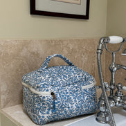 Hand block-printed vanity bag in blue fauna print, 100% cotton