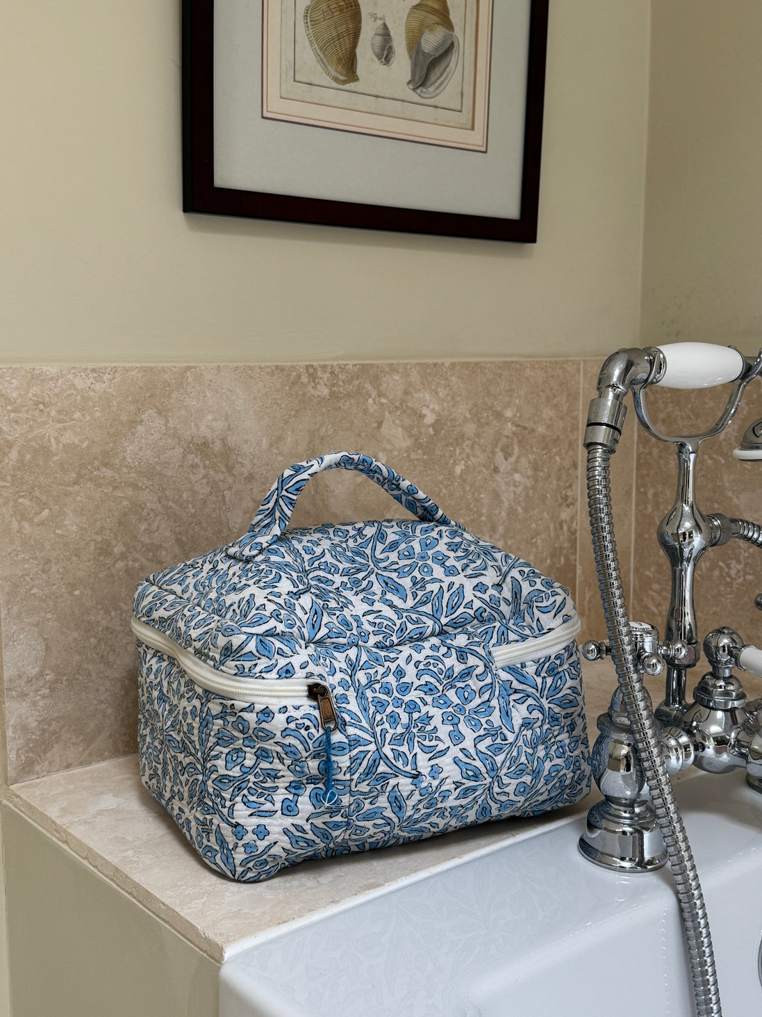 Hand block-printed vanity bag in blue fauna print, 100% cotton