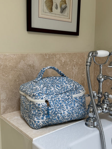 Hand block-printed vanity bag in blue fauna print, 100% cotton