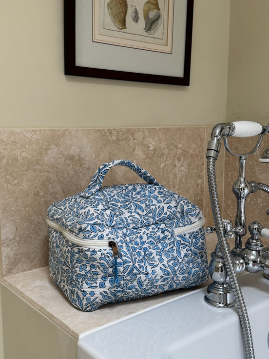Hand block-printed vanity bag in blue fauna print, 100% cotton