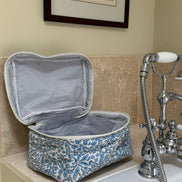 Hand block-printed vanity bag in blue fauna print, 100% cotton