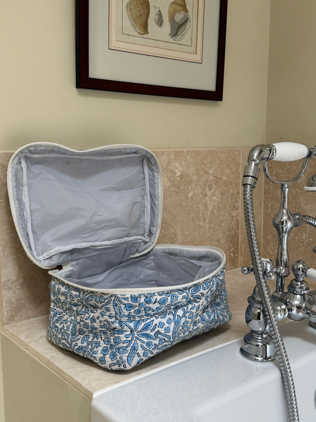 Hand block-printed vanity bag in blue fauna print, 100% cotton