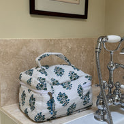 Hand block-printed vanity bag in blue Provençal print, 100% cotton