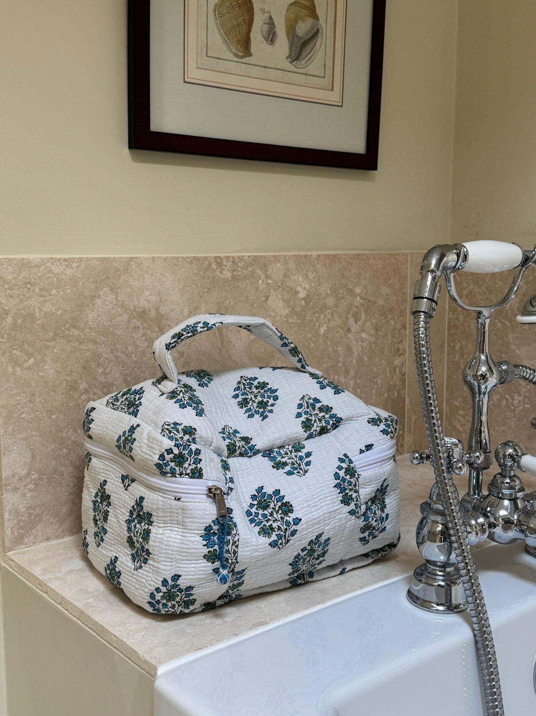 Hand block-printed vanity bag in blue Provençal print, 100% cotton