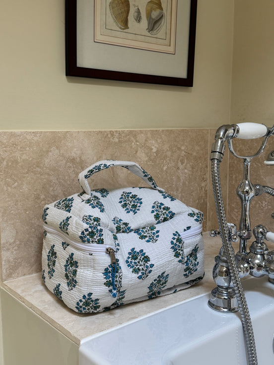 Hand block-printed vanity bag in blue Provençal print, 100% cotton