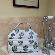 Hand block-printed vanity bag in blue Provençal print, 100% cotton