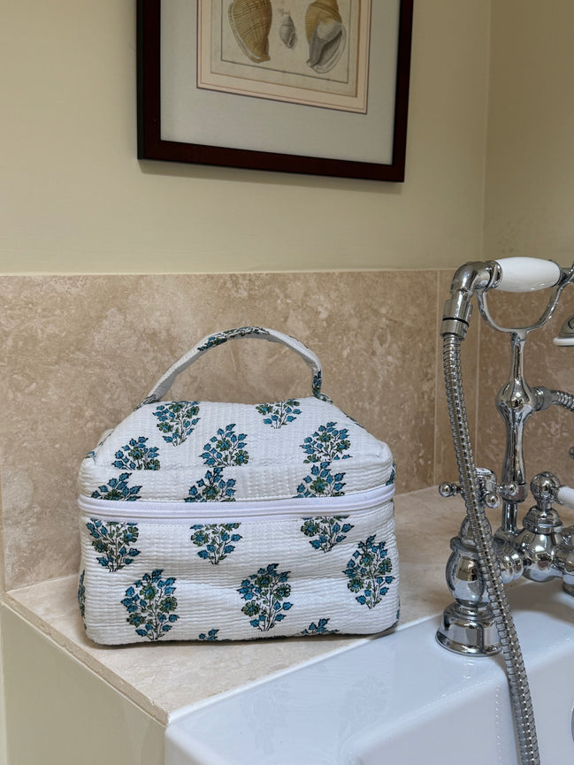 Hand block-printed vanity bag in blue Provençal print, 100% cotton