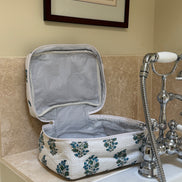 Hand block-printed vanity bag in blue Provençal print, 100% cotton