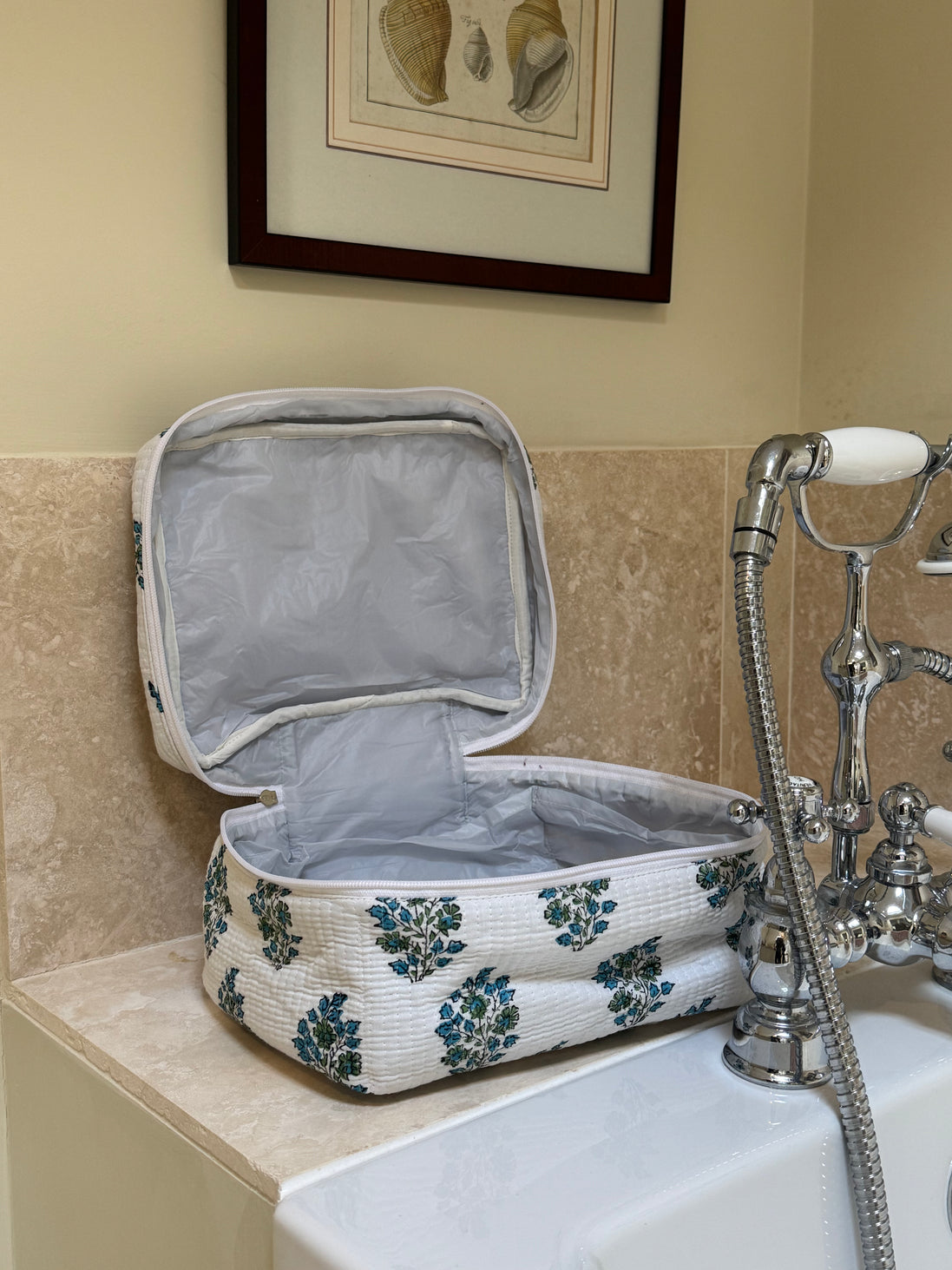 Hand block-printed vanity bag in blue Provençal print, 100% cotton