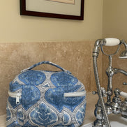 Hand block-printed vanity bag in blue shrub print, 100% cotton