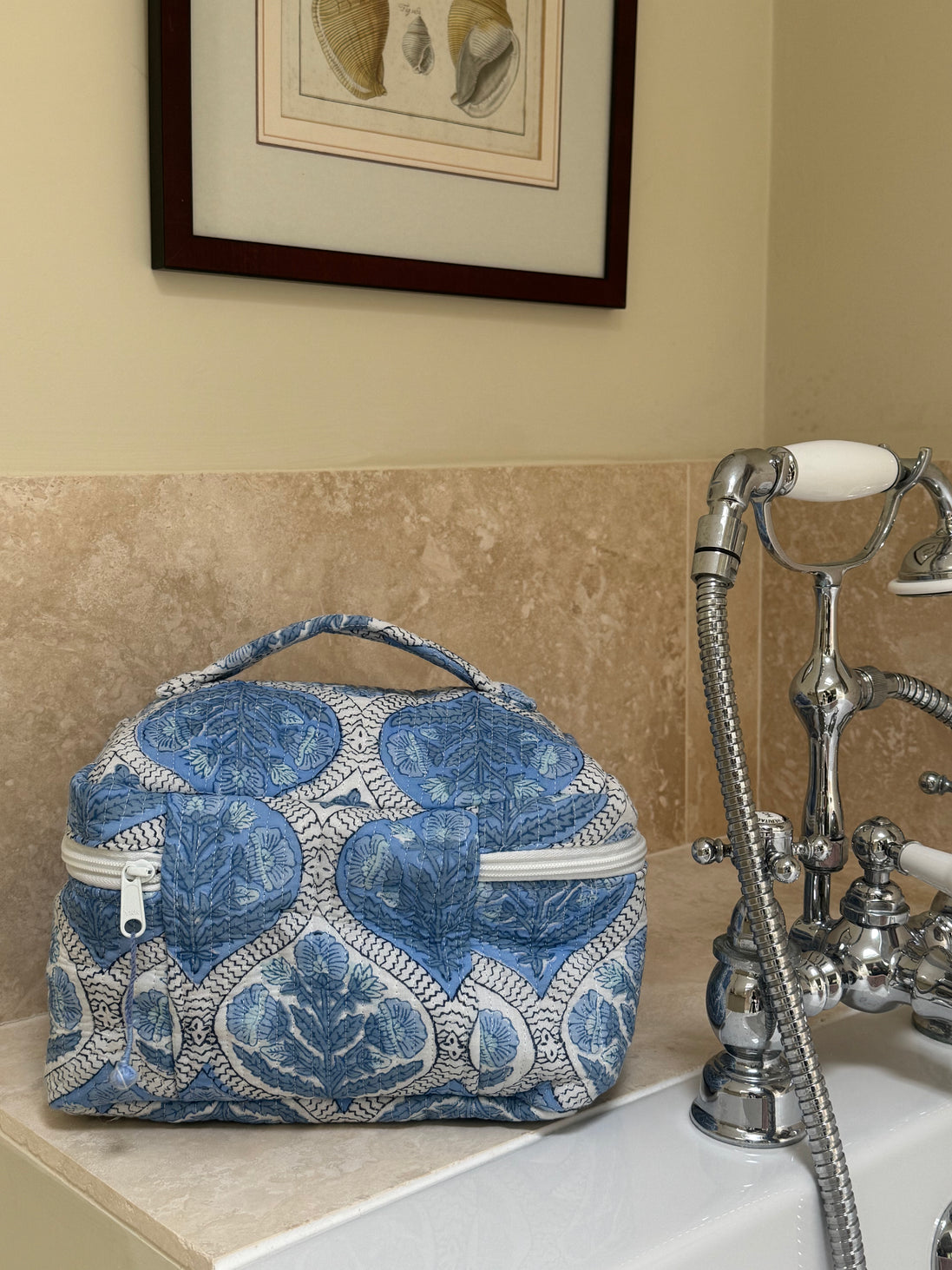 Hand block-printed vanity bag in blue shrub print, 100% cotton