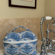 Hand block-printed vanity bag in blue shrub print, 100% cotton