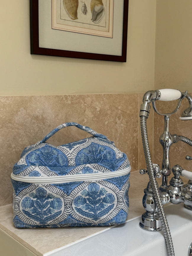 Hand block-printed vanity bag in blue shrub print, 100% cotton