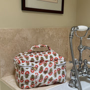 Hand block-printed vanity bag in coral shrub print, 100% cotton