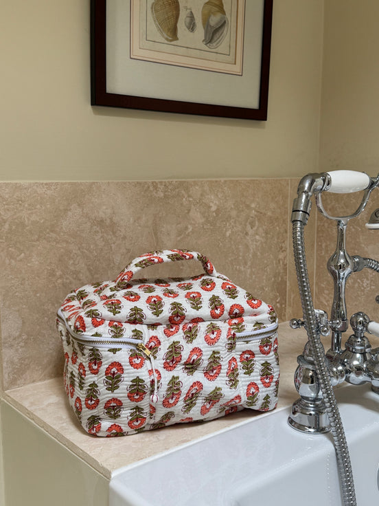 Hand block-printed vanity bag in coral shrub print, 100% cotton