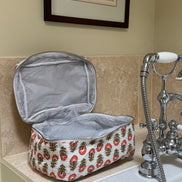 Hand block-printed vanity bag in coral shrub print, 100% cotton