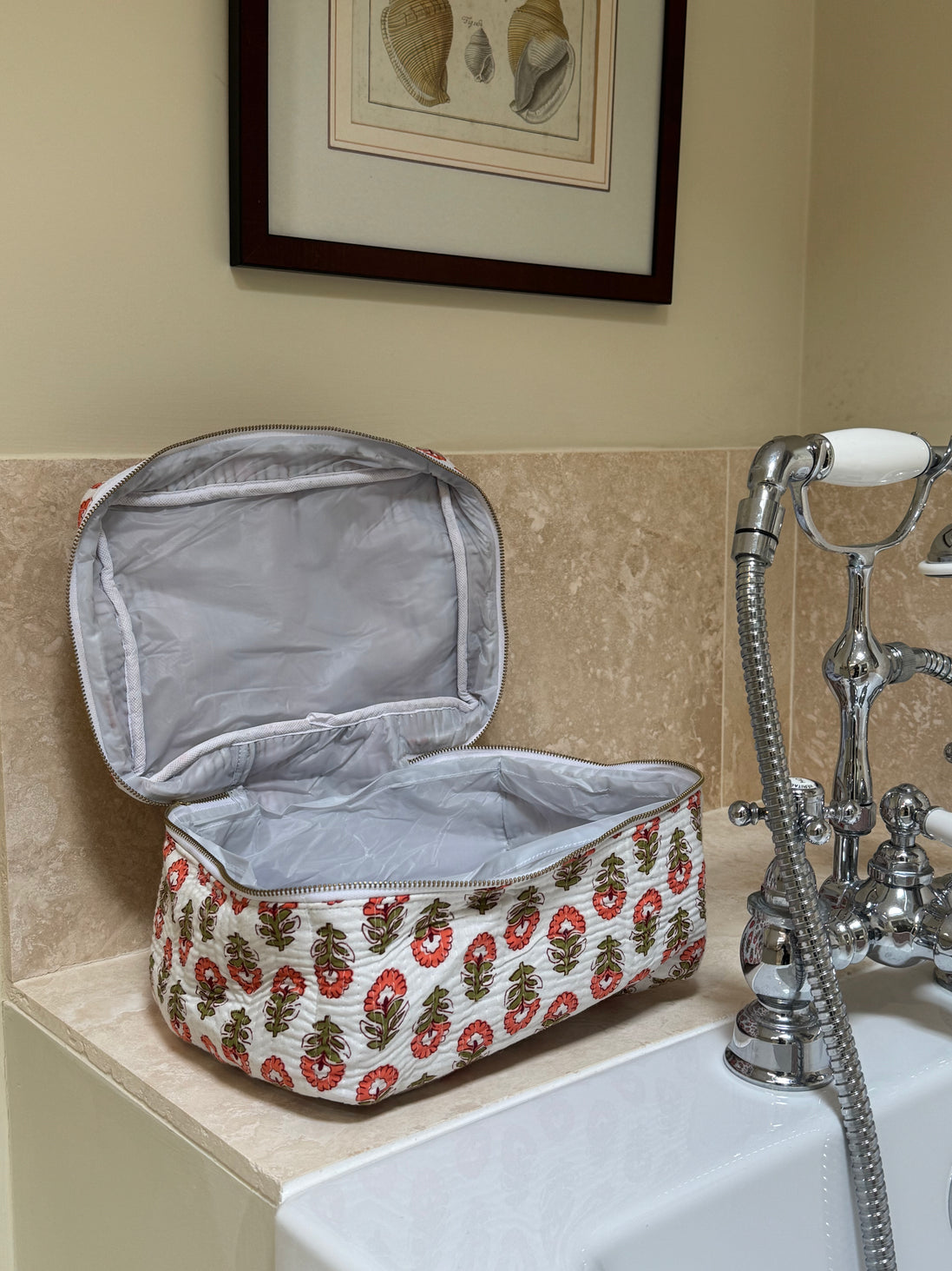 Hand block-printed vanity bag in coral shrub print, 100% cotton