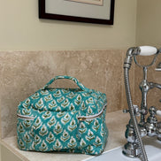 Hand block-printed vanity bag in green tree print, 100% cotton