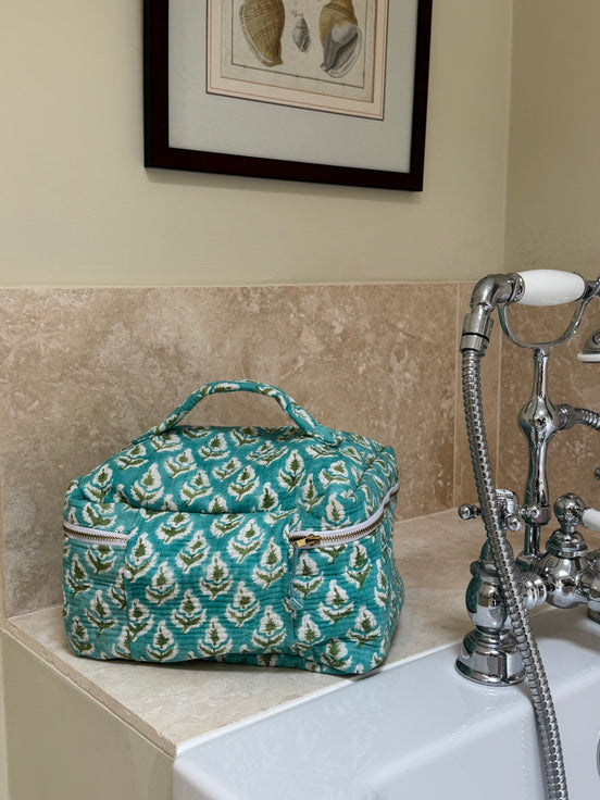 Hand block-printed vanity bag in green tree print, 100% cotton