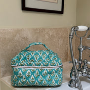 Hand block-printed vanity bag in green tree print, 100% cotton