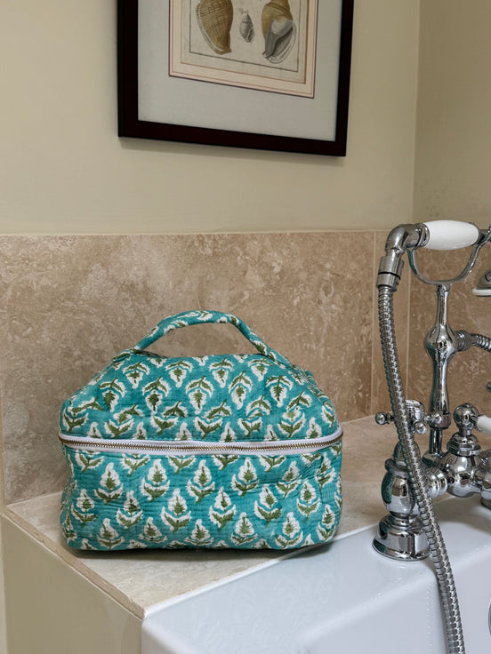 Hand block-printed vanity bag in green tree print, 100% cotton
