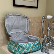 Hand block-printed vanity bag in green tree print, 100% cotton