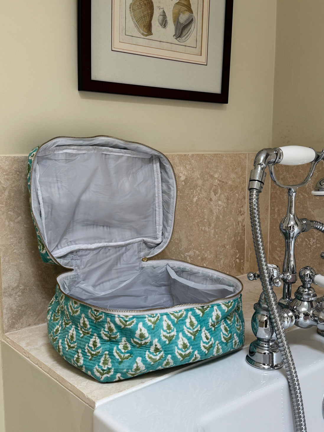 Hand block-printed vanity bag in green tree print, 100% cotton
