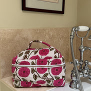 Hand block-printed vanity bag in pink dahlia print, 100% cotton