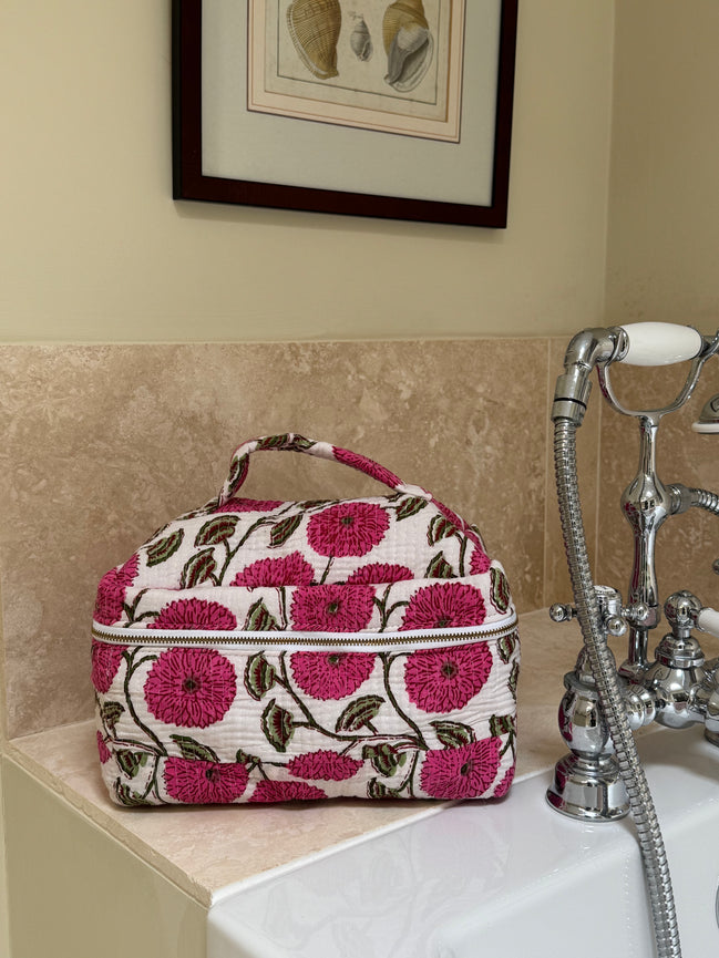 Hand block-printed vanity bag in pink dahlia print, 100% cotton