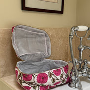 Hand block-printed vanity bag in pink dahlia print, 100% cotton